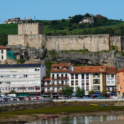 Castillo del Rey, and the waterfront at San Vicente de la Barquera, Cantabria, Spain.
