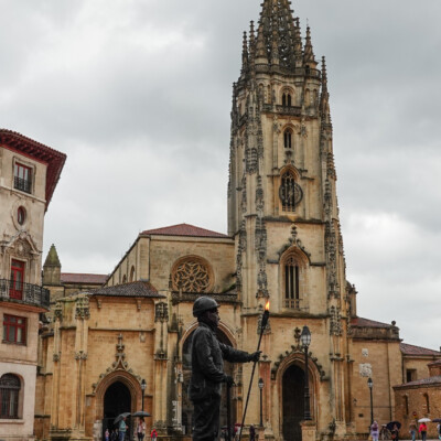 A mime miner in the plaza outside the Catedral, in Oviedo, Spain.